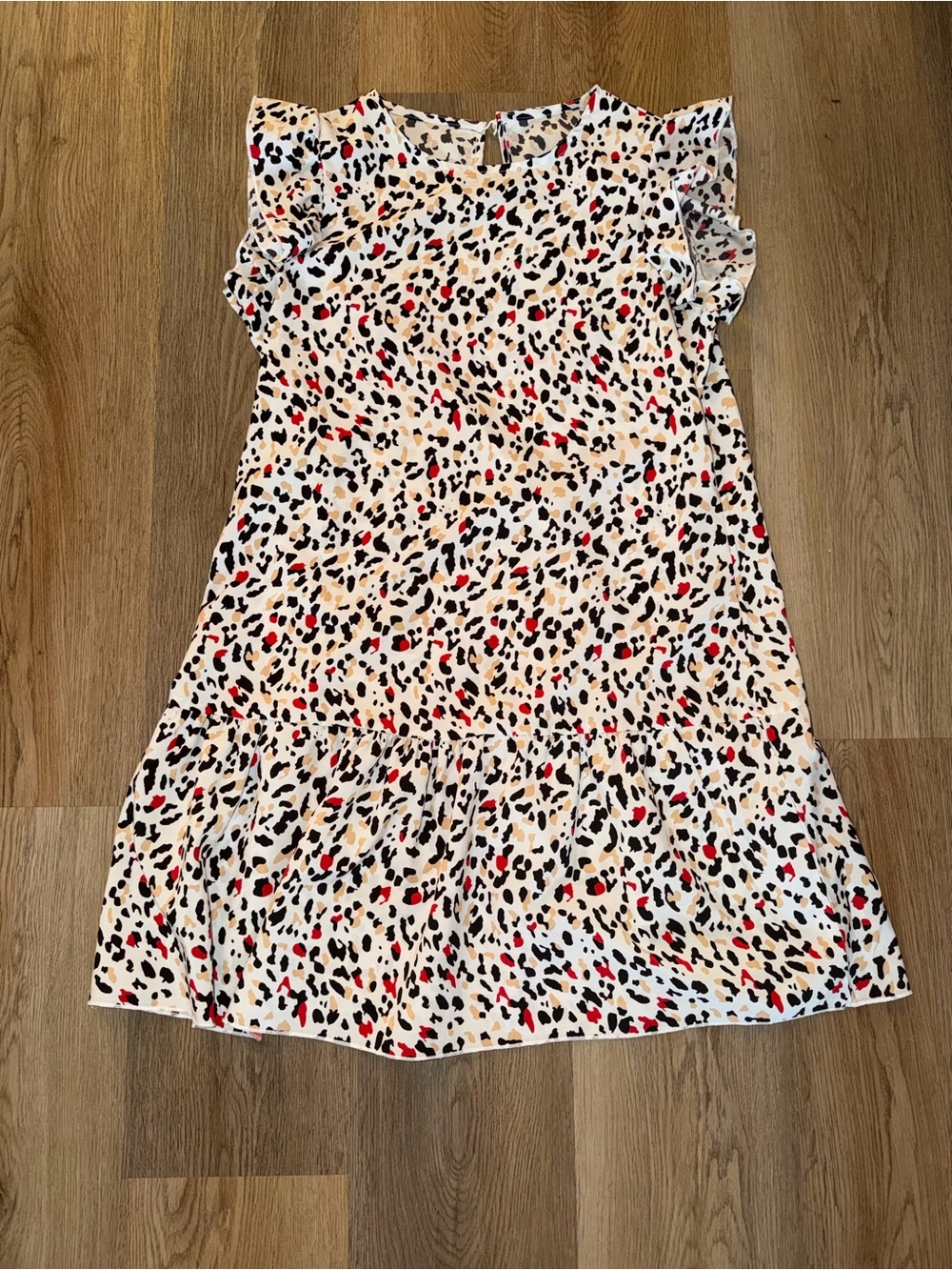 SHEIN Cream Leopard Print Ruffle Sleeve Dress with Red & Black Spots